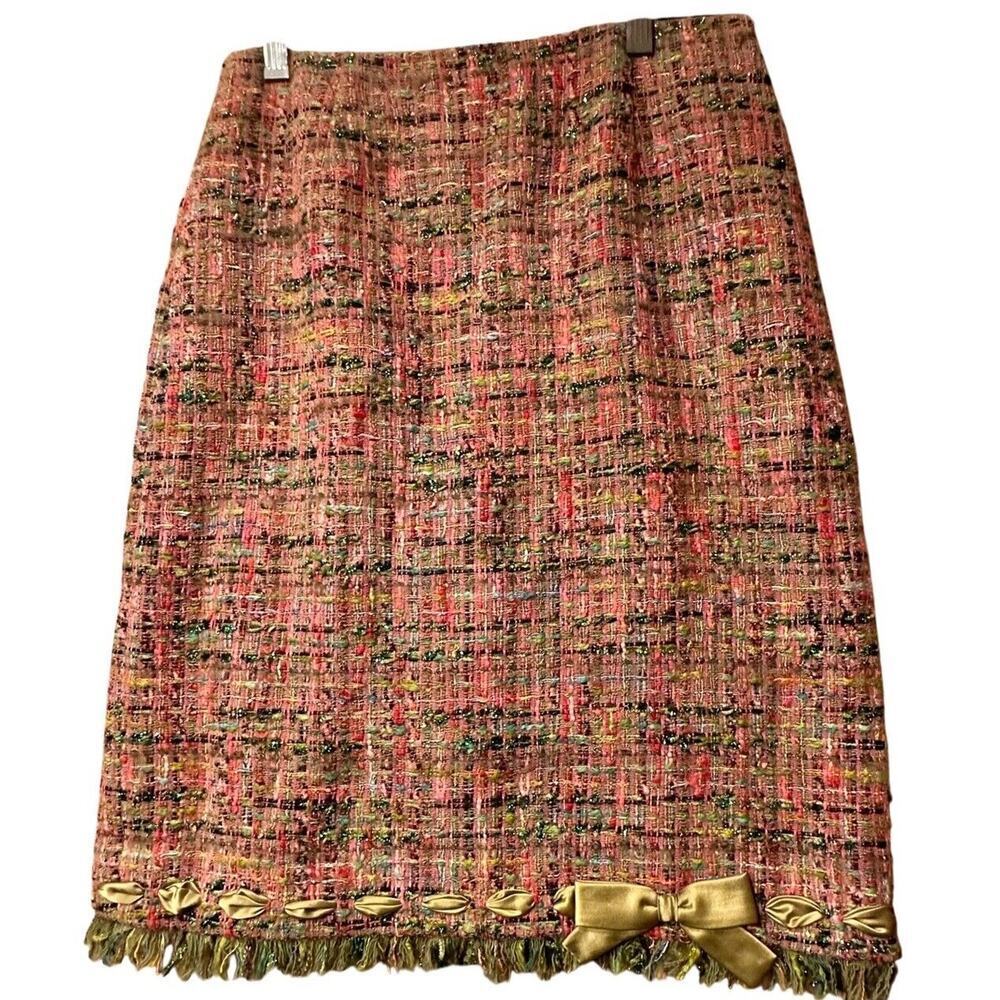 Rickie Freeman Teri Jon Tweed Pencil Skirt Bow Fringe Pink Green‎ Sz 2 - Picture 3 of 13